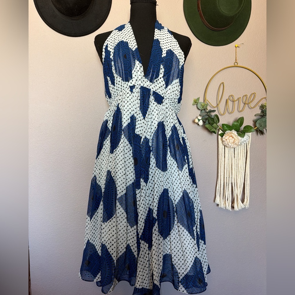 Jealous Tomato Blue and White Halter-Style Maxi Dress